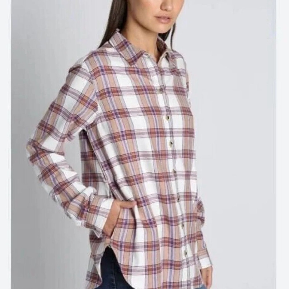 JACHs Girlfriend Brown Plaid Shirt with purple & pink stripes pockets shacket